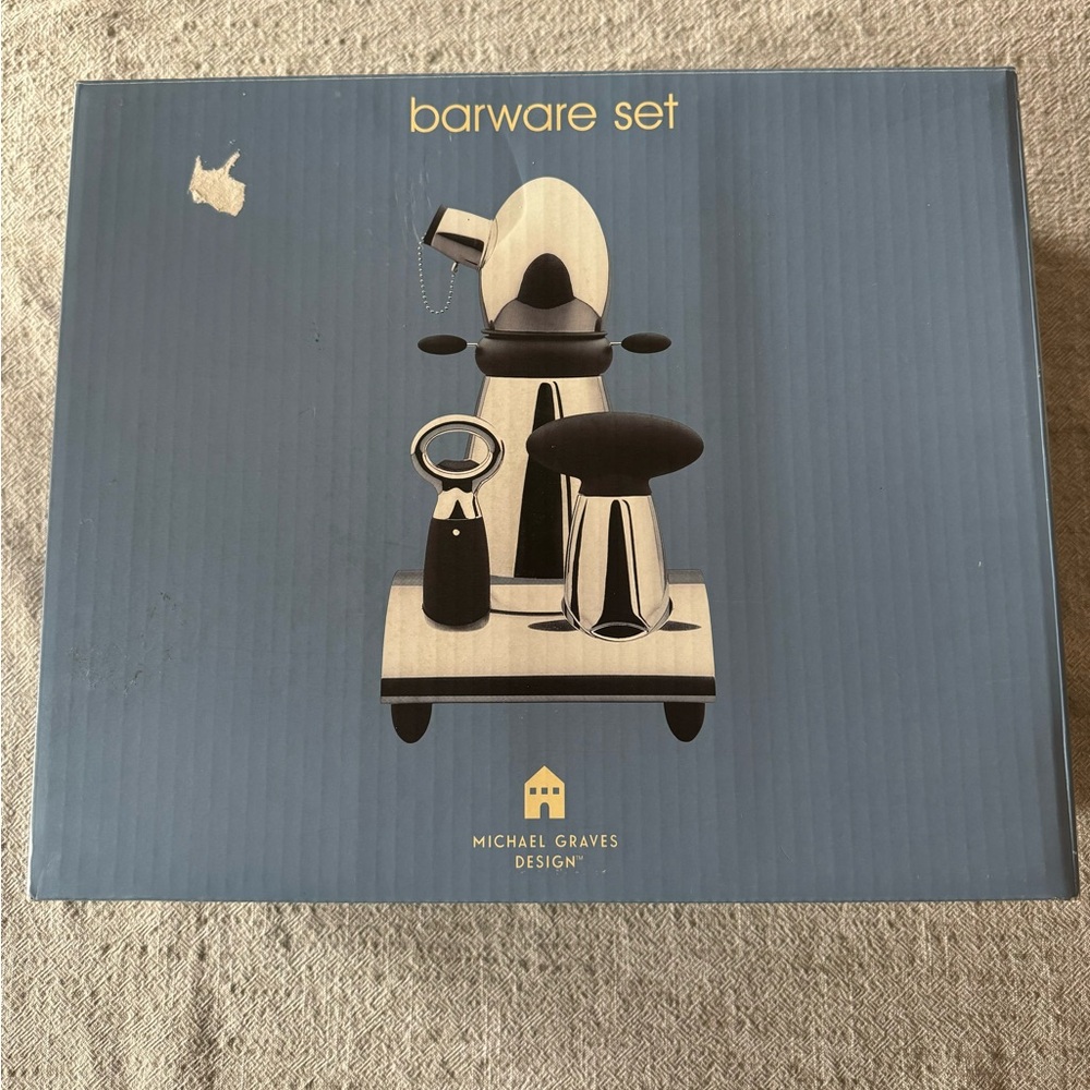 Barware Set- shaker, jigger, bottle opener, corkscrew and base. Unopened in box